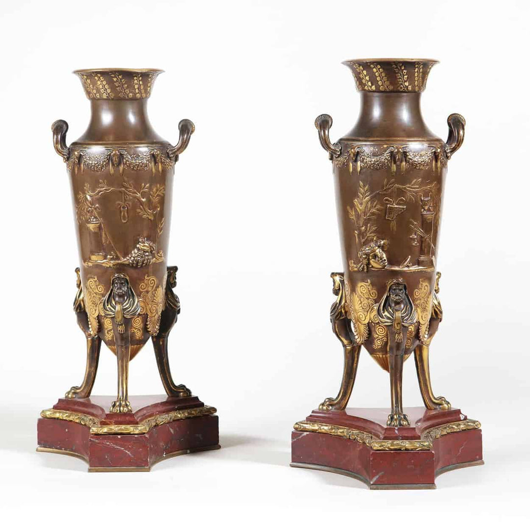 Pair of Bronze Vases on Rouge Griotte Marble Bases