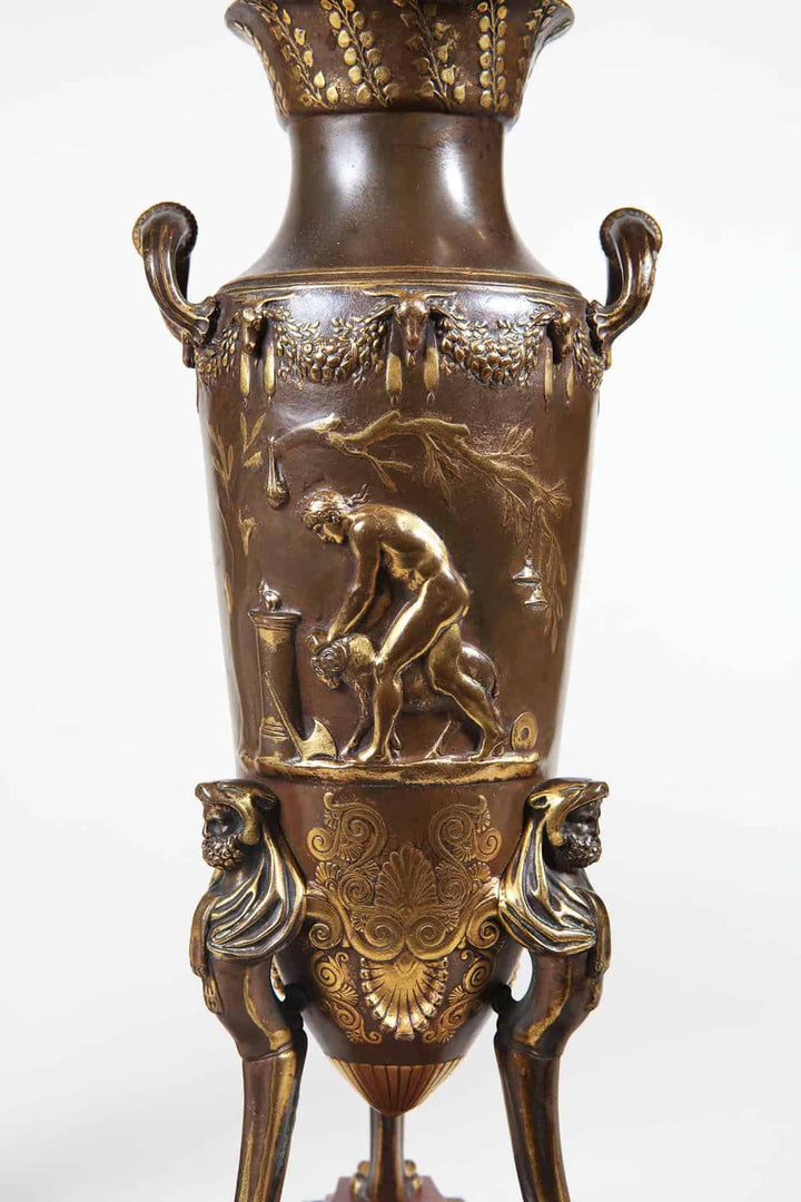 Pair of Bronze Vases on Rouge Griotte Marble Bases