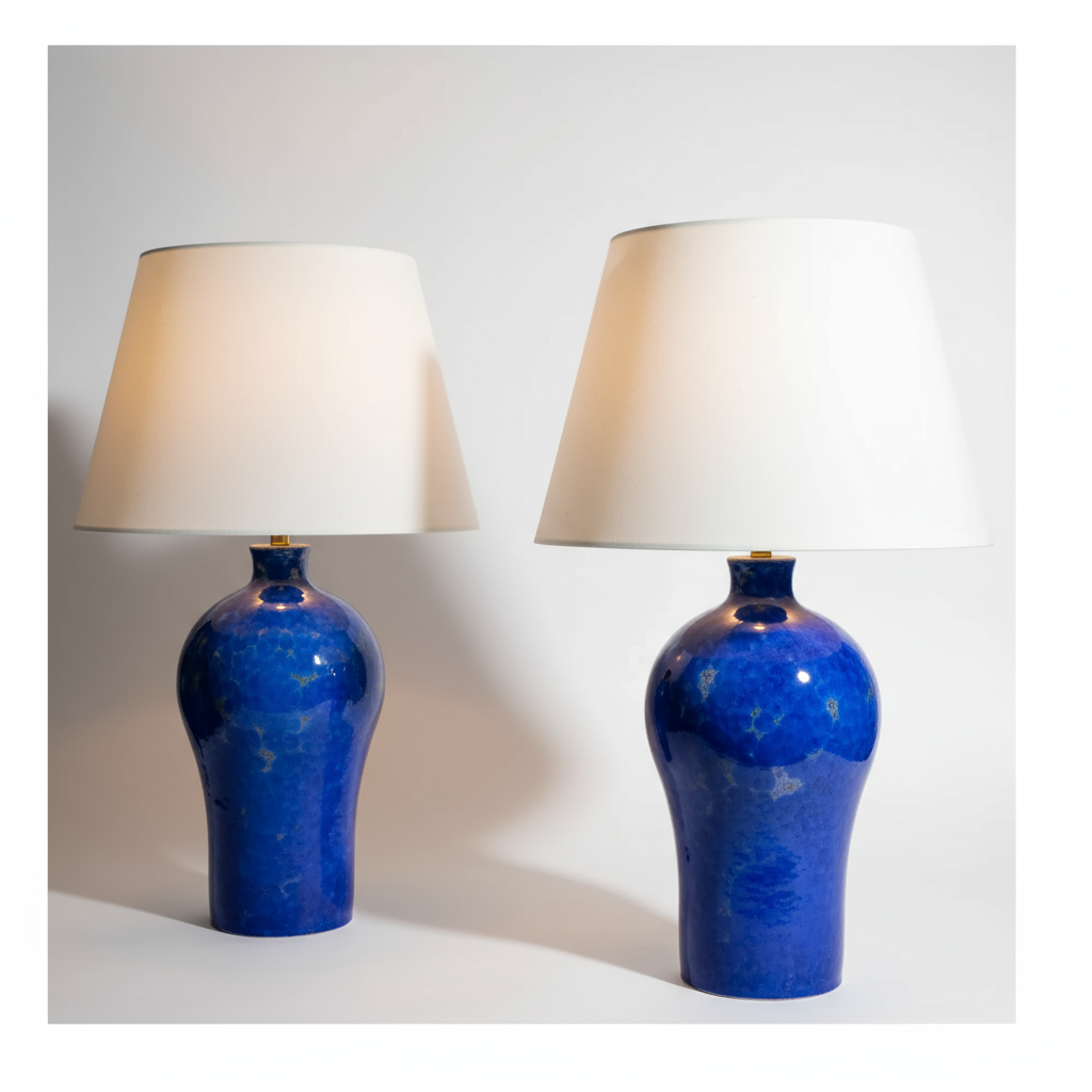 Pair of blue crystalline glazed vase lamps with white shades by Nicholas Wells Antiques in elegant ceramic design