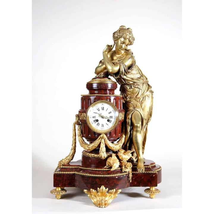 French Ormolu Mounted Rouge Griotte Marble Figural Clock Garniture