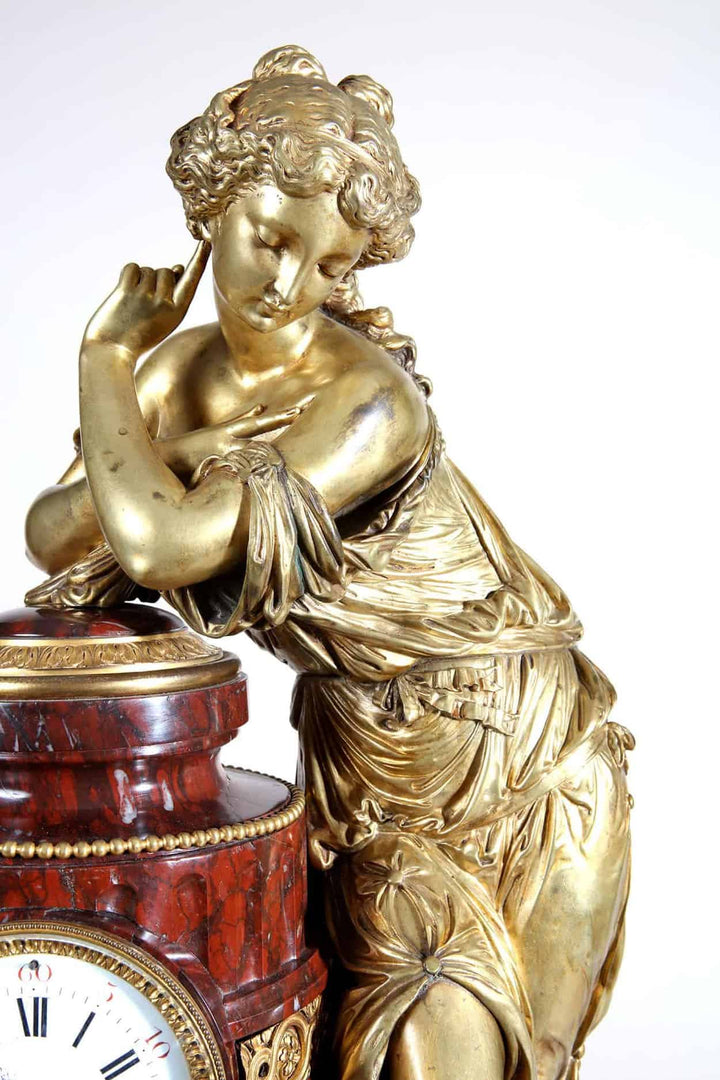 French Ormolu Mounted Rouge Griotte Marble Figural Clock Garniture