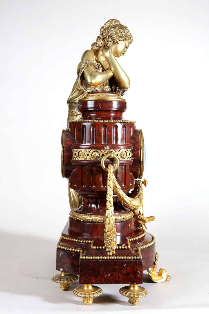 French Ormolu Mounted Rouge Griotte Marble Figural Clock Garniture
