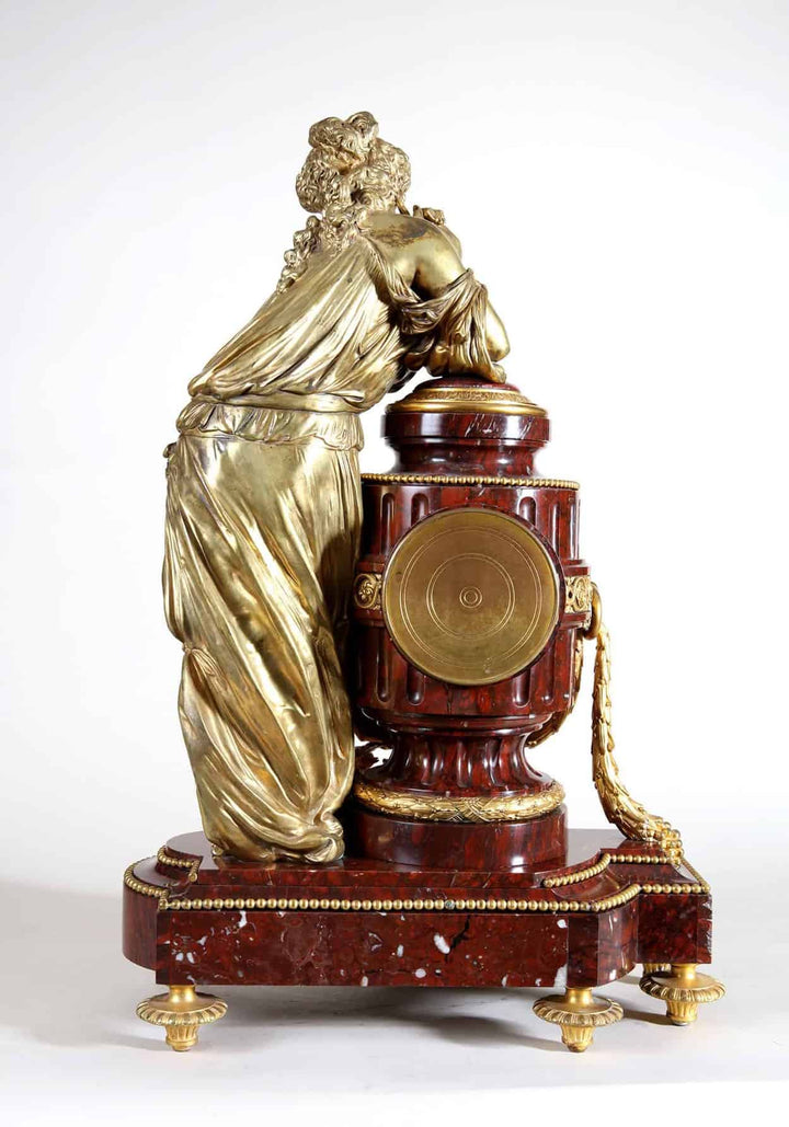 French Ormolu Mounted Rouge Griotte Marble Figural Clock Garniture