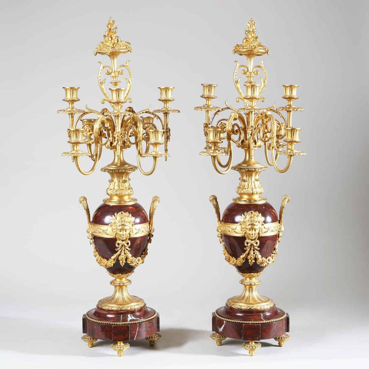 French Ormolu Mounted Rouge Griotte Marble Figural Clock Garniture