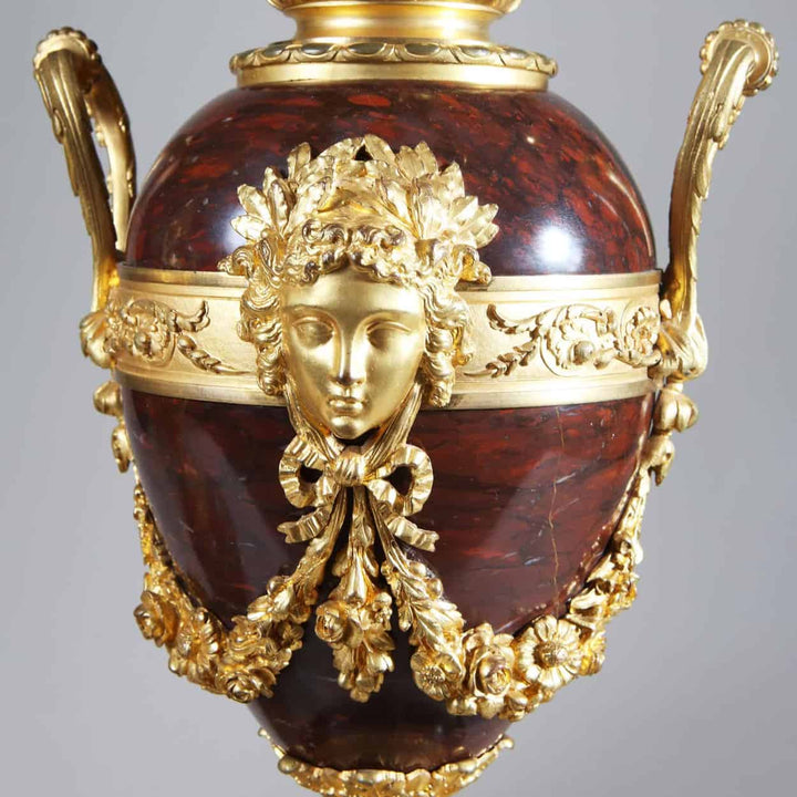 French Ormolu Mounted Rouge Griotte Marble Figural Clock Garniture