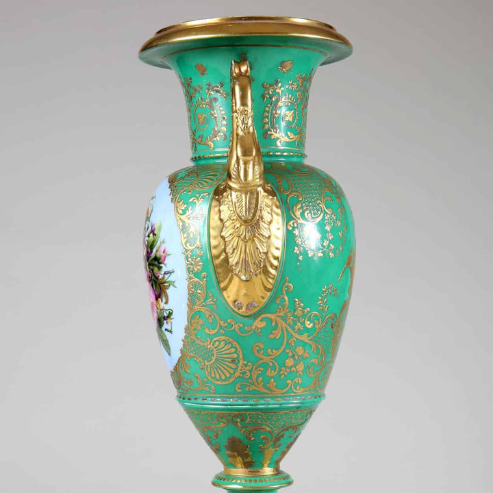 Large Paris Porcelain Green Glazed, Floral and Gold Vase