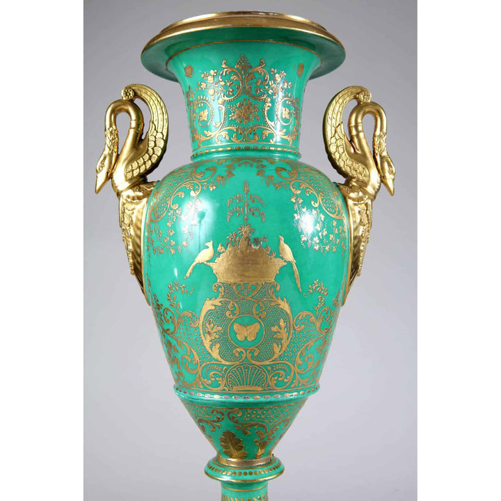 Large Paris Porcelain Green Glazed, Floral and Gold Vase