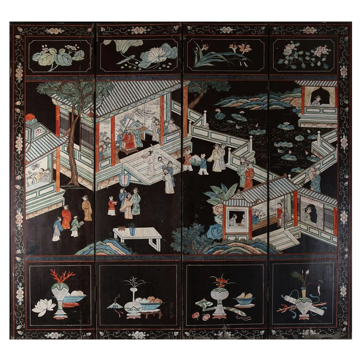 An early 19th century four fold Chinese lacquer screen