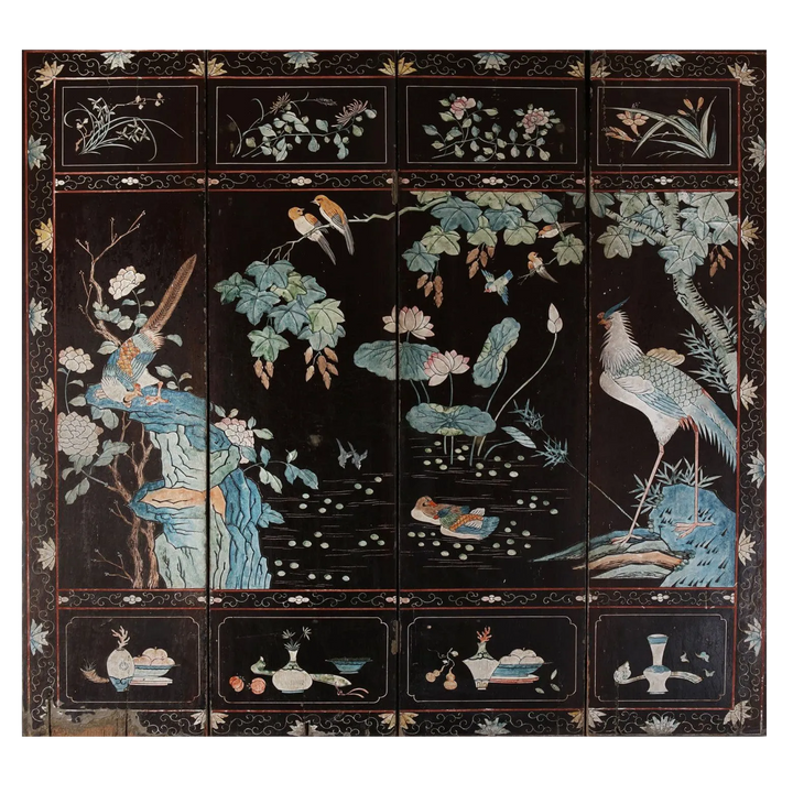 An early 19th century four fold Chinese lacquer screen