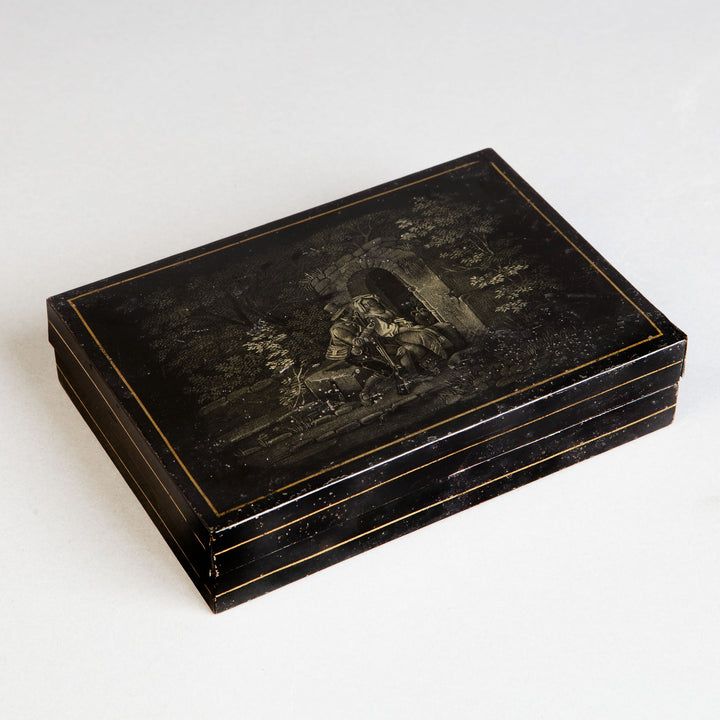 A tole games box and counters for Boston Russe
