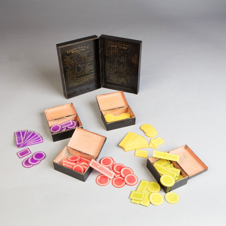 A tole games box and counters for Boston Russe