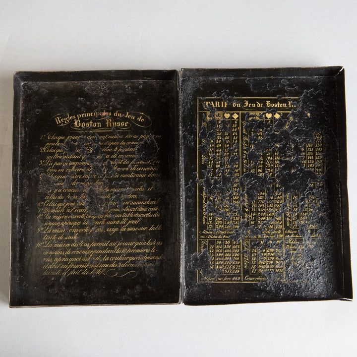 A tole games box and counters for Boston Russe