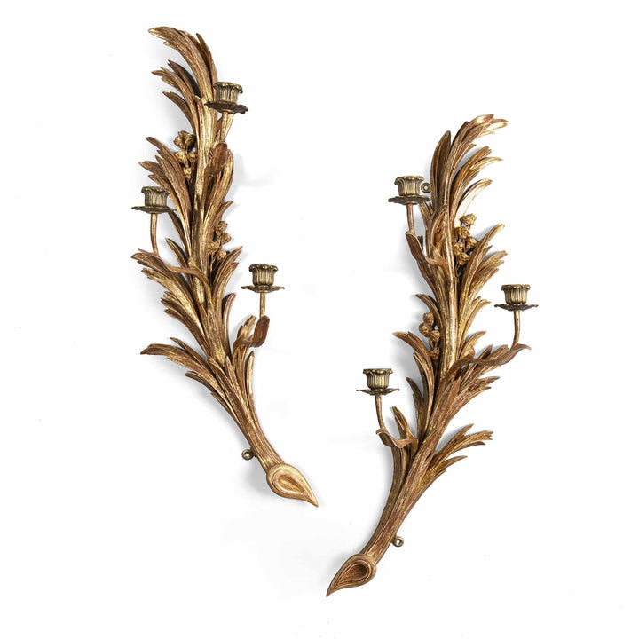 An exceptional pair of carved giltwood wall sconces