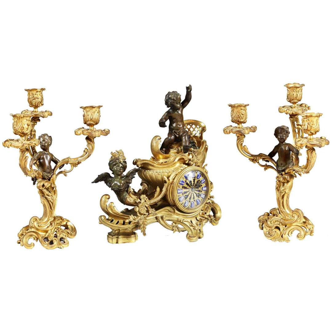 Antique Bronze Chariot Mantel Clock Garniture Attributed to Francois Linke