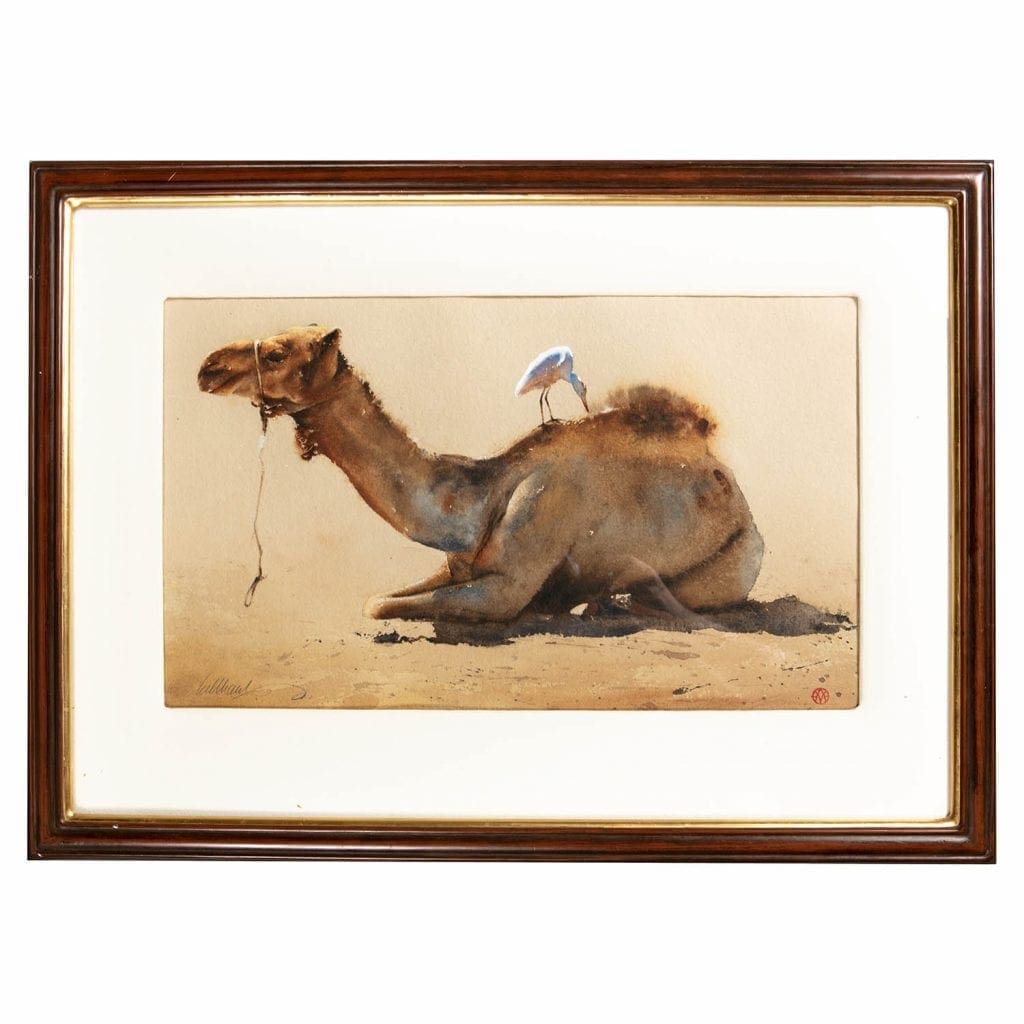 WILLIAM MATHEWS ||| SEATED CAMEL &amp; EGRET ||| WATERCOLOUR ||| B. 1949