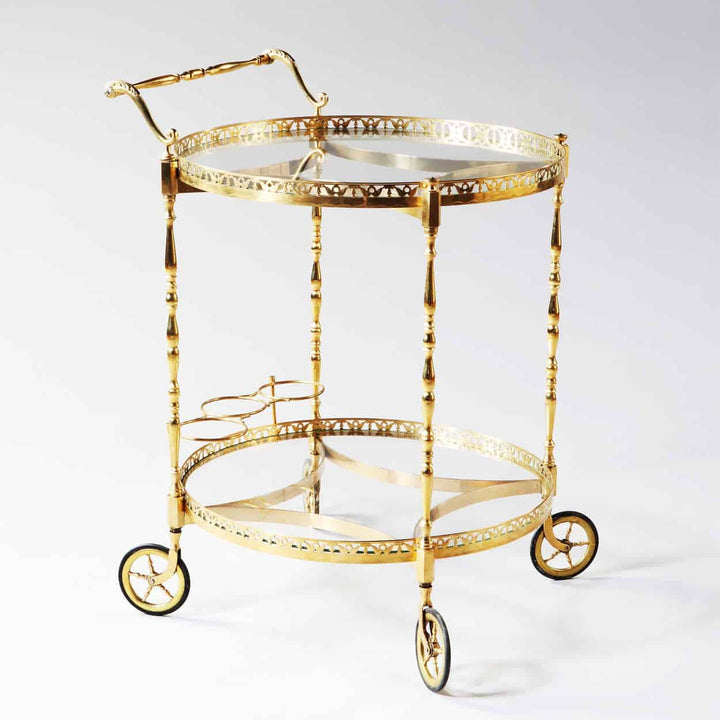 French Mid Century Polished Brass Circular Bar Cart Drinks Trolley
