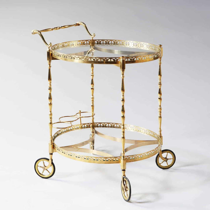 French Mid Century Polished Brass Circular Bar Cart Drinks Trolley