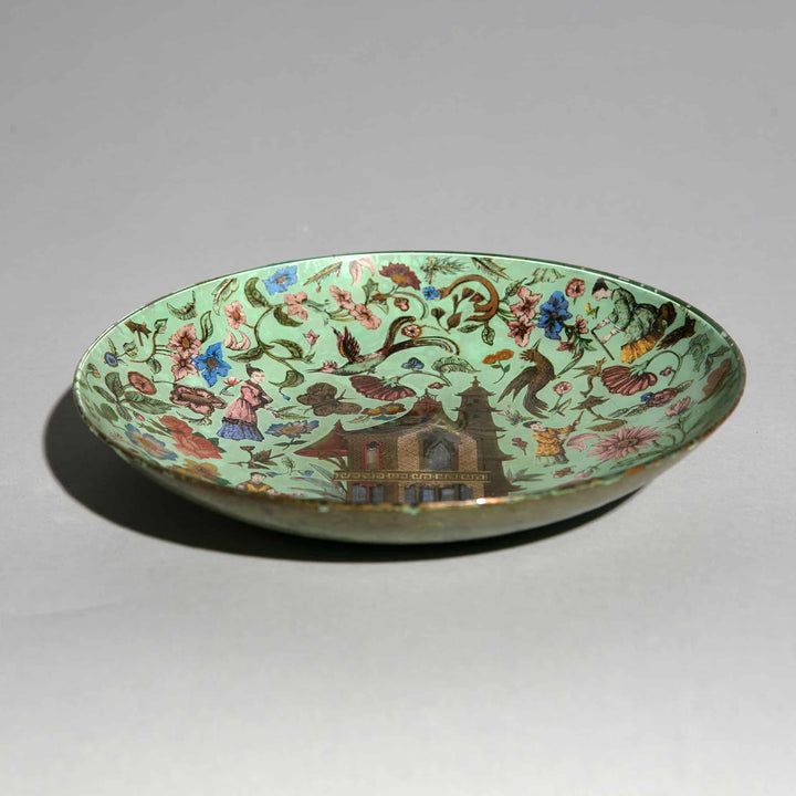 19th Century Green Chinoiserie Decalcomania Glass Dish