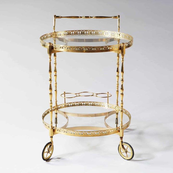 French Mid Century Polished Brass Circular Bar Cart Drinks Trolley
