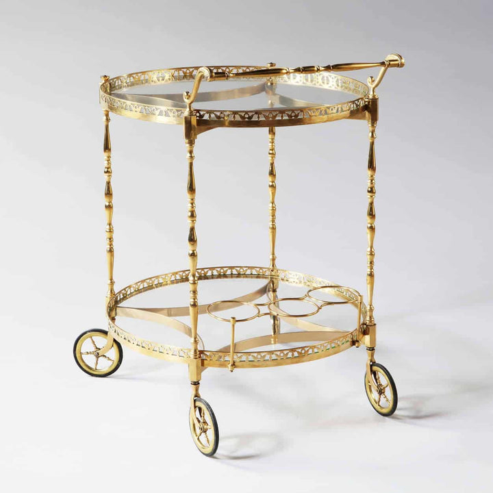 French Mid Century Polished Brass Circular Bar Cart Drinks Trolley