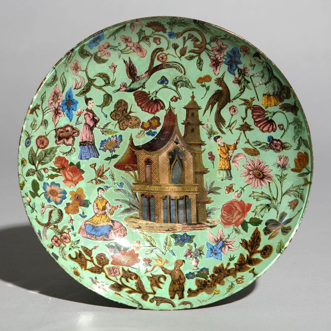 19th Century Green Chinoiserie Decalcomania Glass Dish