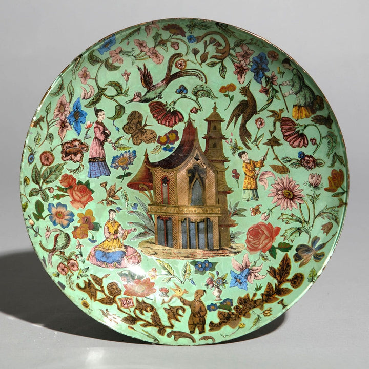 19th Century Green Chinoiserie Decalcomania Glass Dish