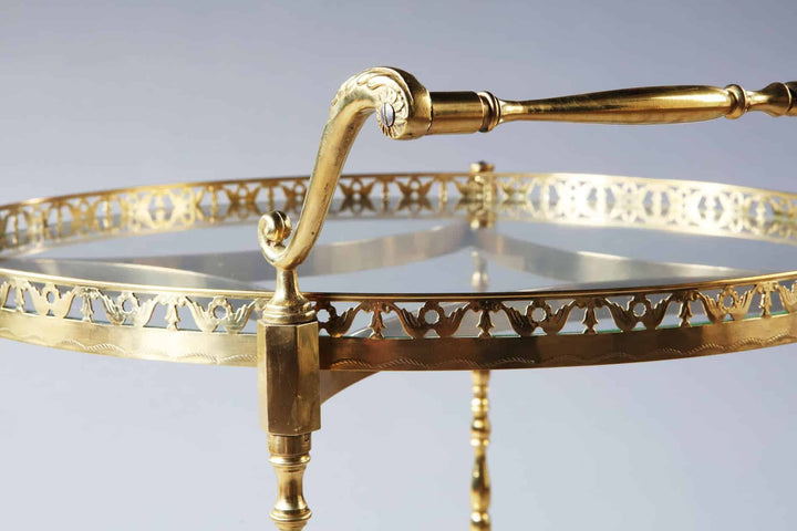 French Mid Century Polished Brass Circular Bar Cart Drinks Trolley