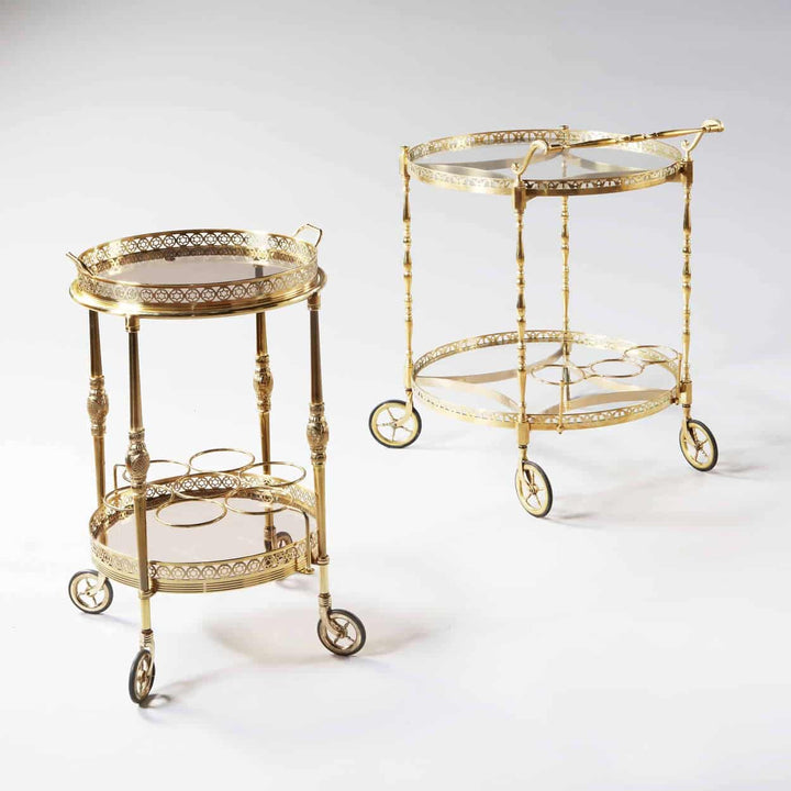French Mid Century Polished Brass Circular Bar Cart Drinks Trolley