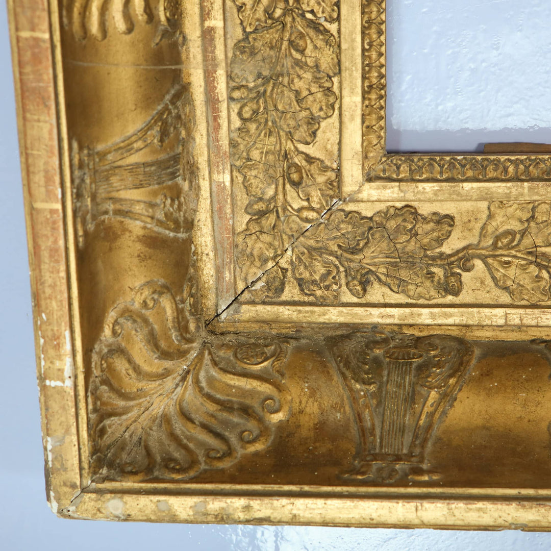19th Century Rectangular French Empire Gilt Frame Mirror with anthemions lyres oak leaves and acorns detail close-up