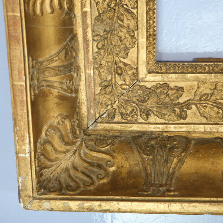 19th Century Rectangular French Empire Gilt Frame Mirror with anthemions lyres oak leaves and acorns detail close-up