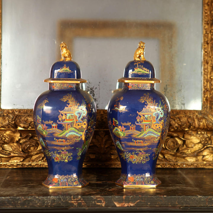 Pair Of Polychrome Over Powder Blue Chinoiserie Vases
