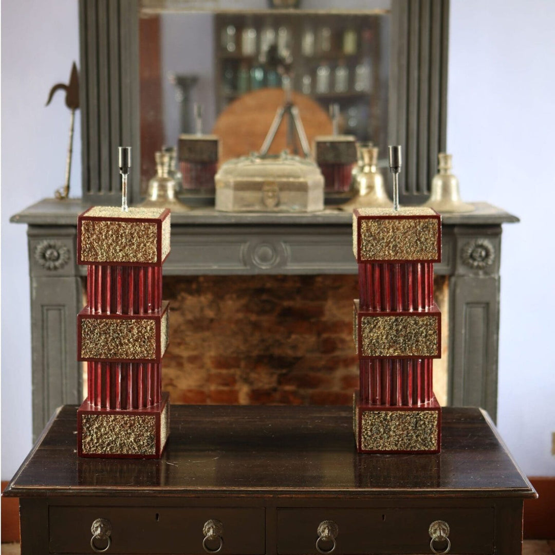Pair of Red Lacquered and Sanded Column Lamps with gilt sand panels by Andrew Allfree, circa 2000, red and gold finish.