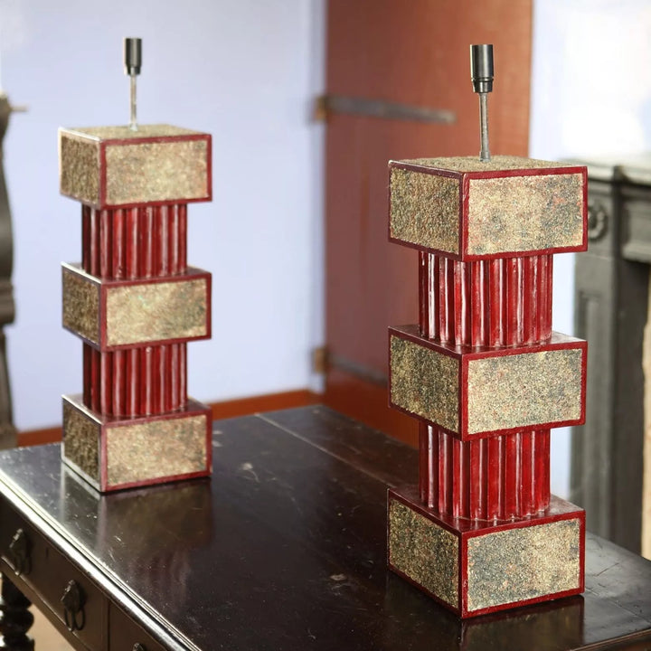 Pair of Red Lacquered and Sanded Column Lamps with gilt sand panels, designed by Andrew Allfree, French, circa 2000.