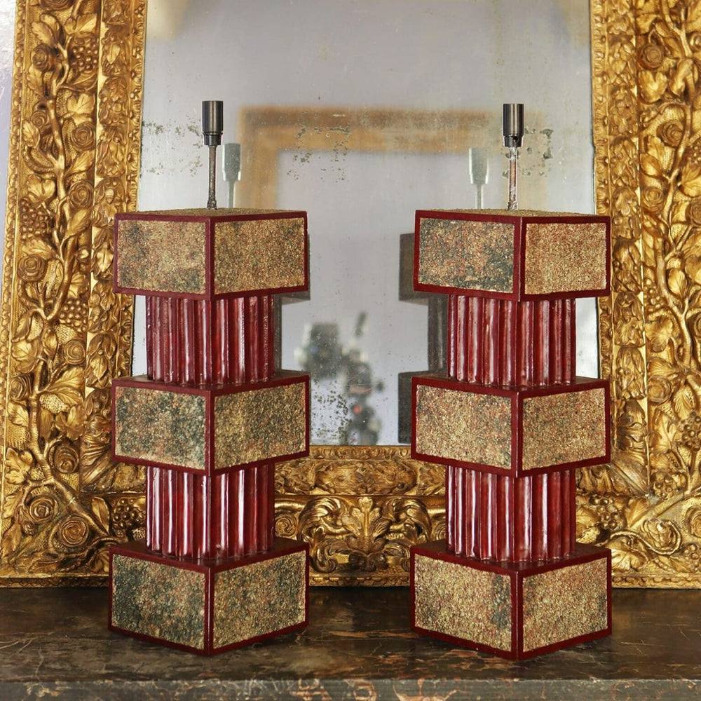 Pair of Red Lacquered and Sanded Column Lamps with gilt sand panels by Andrew Allfree, France, circa 2000.