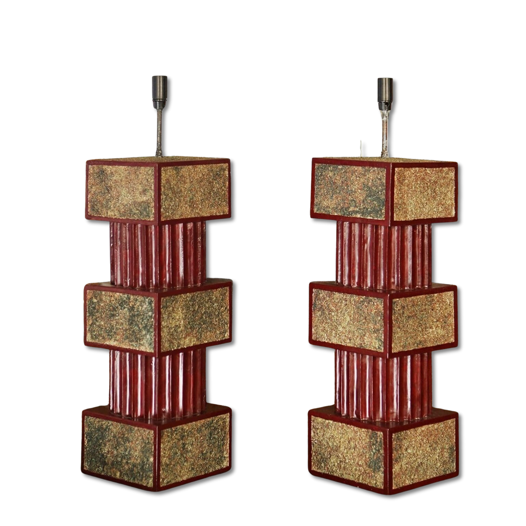 Pair of Red Lacquered and Sanded Column Lamps by Andrew Allfree, red lacquer finish with gilt sand panels, circa 2000.