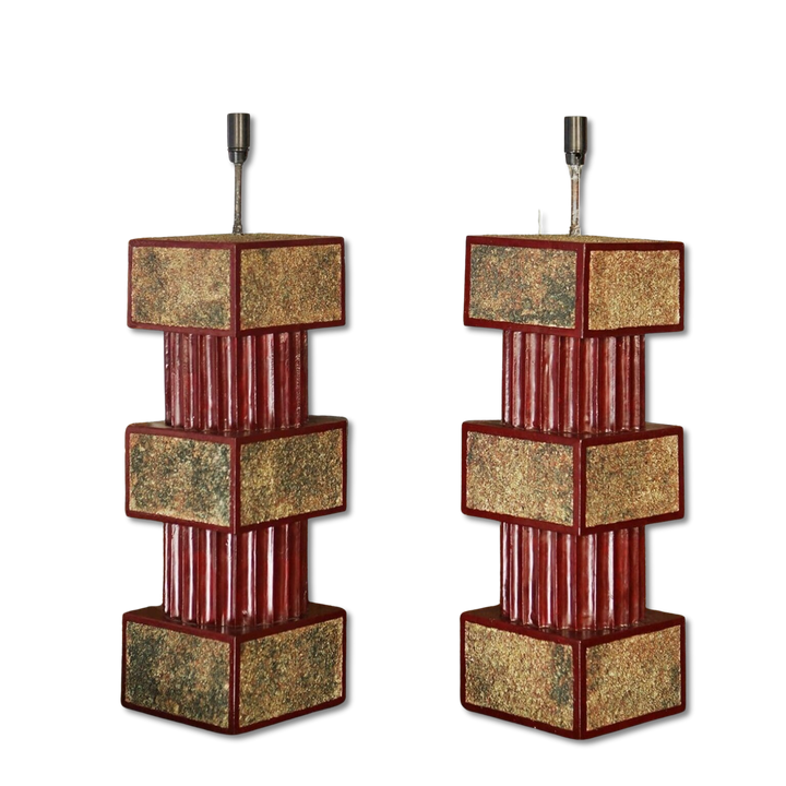 Pair of Red Lacquered and Sanded Column Lamps by Andrew Allfree, red lacquer finish with gilt sand panels, circa 2000.