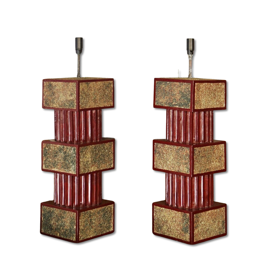 Pair of Red Lacquered and Sanded Column Lamps by Andrew Allfree, red lacquer finish with gilt sand panels, circa 2000.