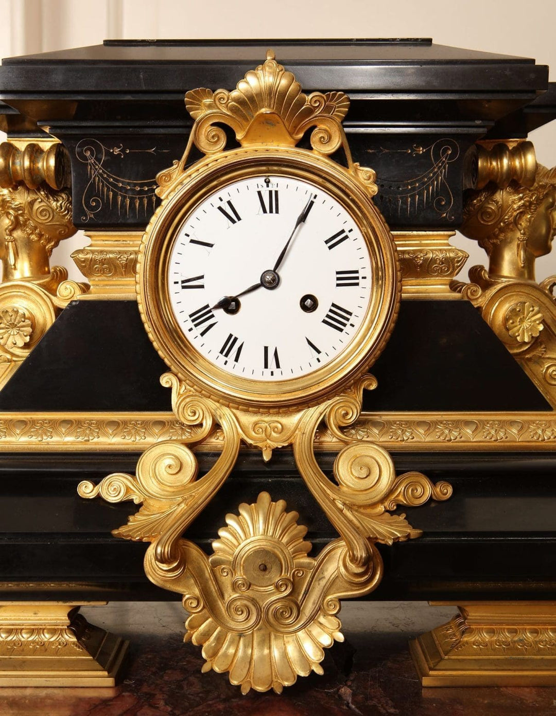 Napoleon III Black Marble and Gilt Bronze Clock Set