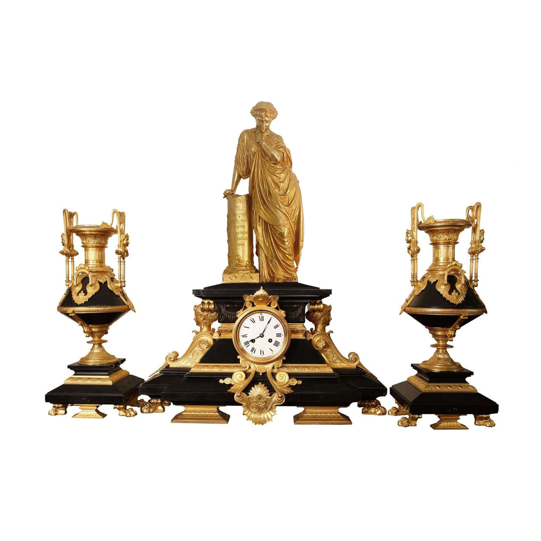 Napoleon III Black Marble and Gilt Bronze Clock Set