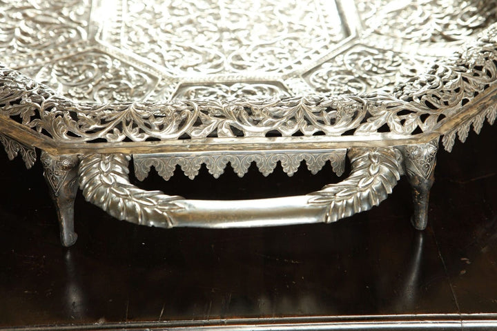 Large Indian Rajasthani Silver Pierced & Repousse Tray