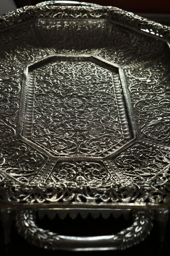 Large Indian Rajasthani Silver Pierced & Repousse Tray