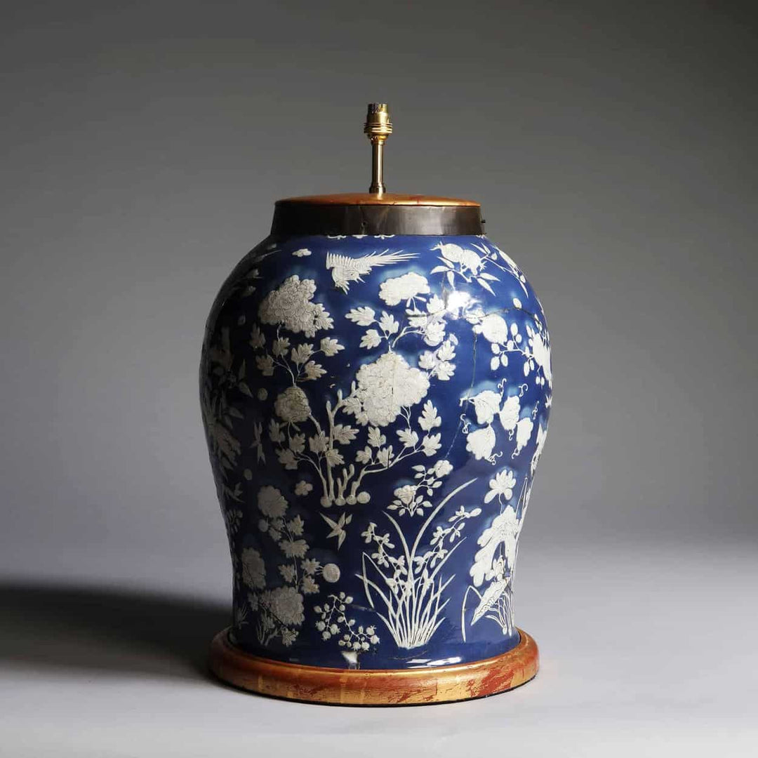 Highly Decorative Chinese Blue & White Porcelain Large Antique Table Lamp