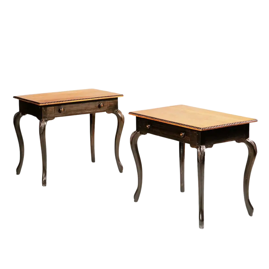 Pair of Antique Ceylonese Side Tables with satinwood tops, ebony cabriole legs, single drawer, circa 1900.