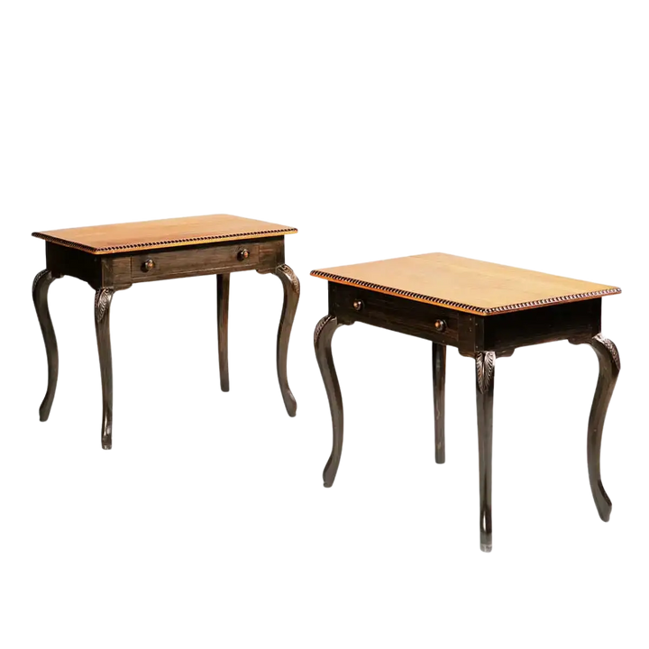 Pair of Antique Ceylonese Side Tables with satinwood tops, ebony cabriole legs, single drawer, circa 1900.