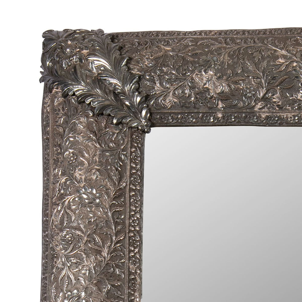 19th Century North Indian Mughal Kutch Repoussé Silver Mirror with intricate floral repoussé design and acanthus leaf corner mounts