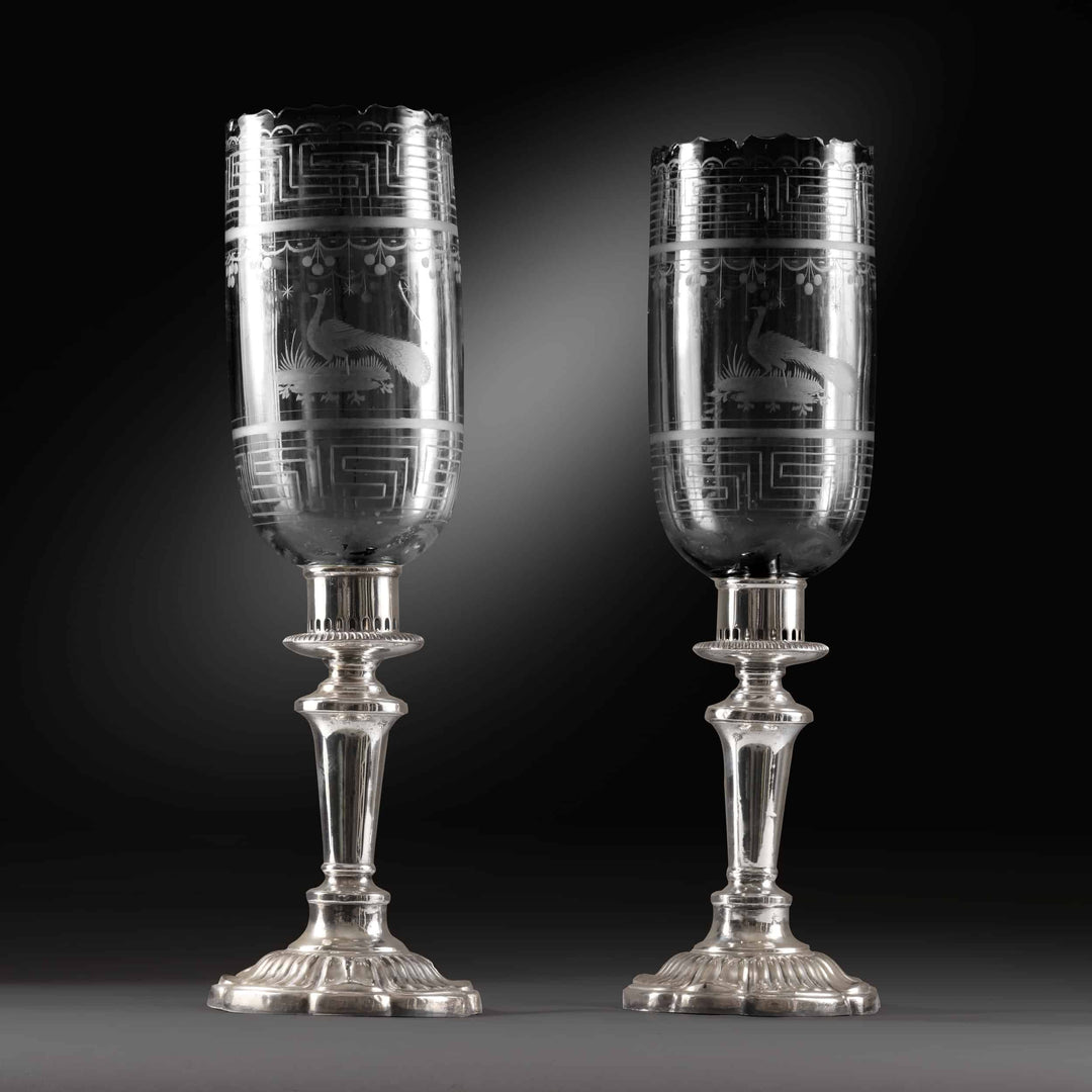 Pair of Silver Plate and Etched Glass Photophores