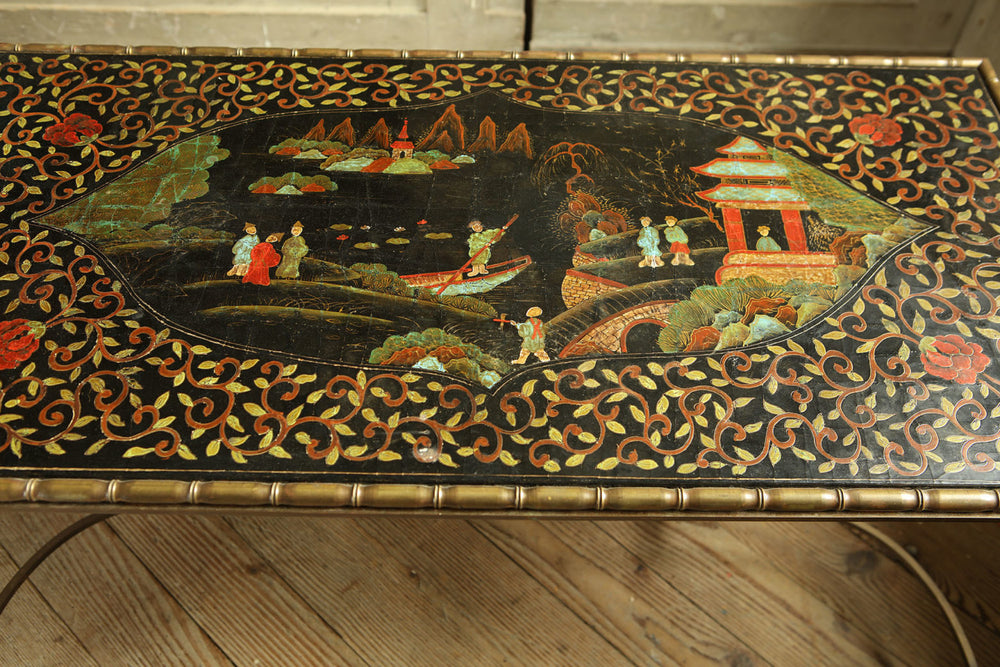 Maison Jansen Black Lacquer and Brass Low Table with cast brass frame and traditional Chinese scene lacquer top