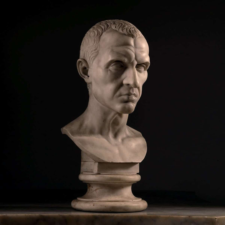 19th Century Grand Tour Bust of Julius Caesar marble statue circa 1850 Rome with detailed facial features.