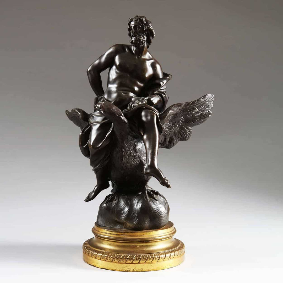 Antique Bronze Statue of Zeus riding an Eagle 19th century detailed bronze sculpture on gold base.
