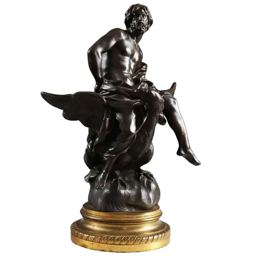 Antique Bronze Statue of Zeus riding an Eagle, 19th century French sculpture, 40cm tall on decorative base.